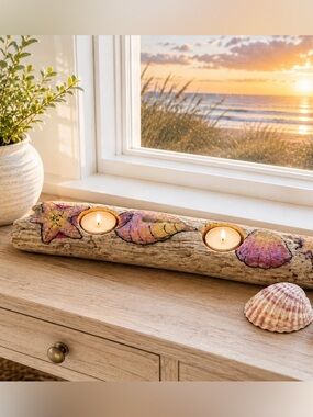 🆕Hand-Painted Driftwood Tea Light Holder with Pink Shells